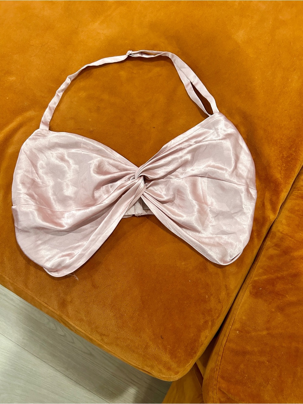 Frederick’s Satiny Pink Twist-Front Halter Bralette